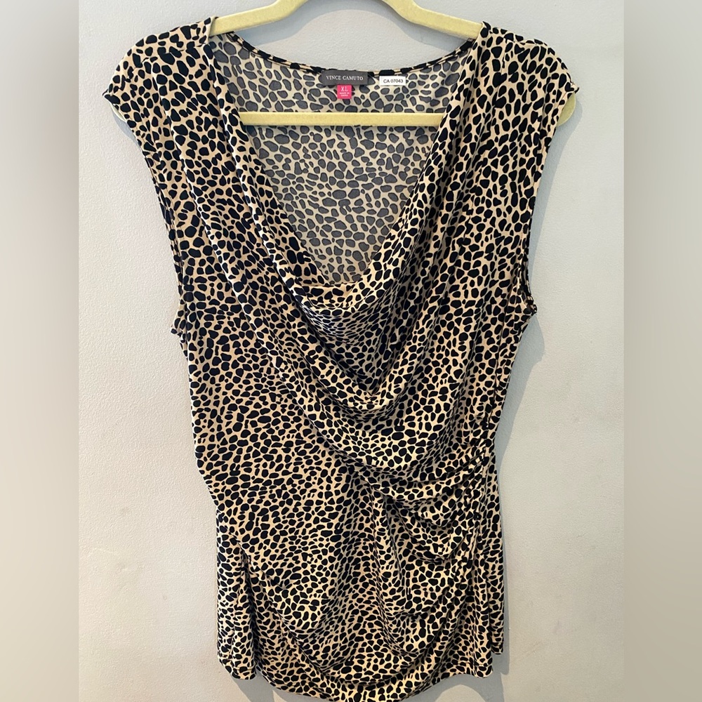Vince Camuto Top XL Asymmetric Draped Black Spot Animal Print Cap Sleeve